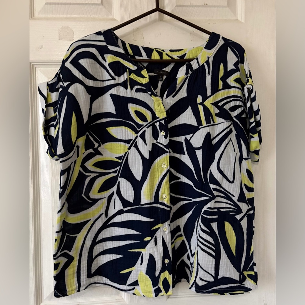 Talbots Navy and Yellow Leaf Print‎ Blouse Button